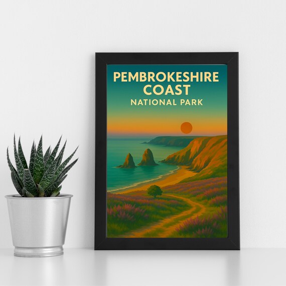 Pembrokeshire Coast National Park Sunset Sea Stacks Travel Poster