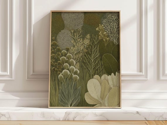 Green Beige Botanical Art Print Textured Leaf Illustration Poster Vintage Foliage Wall Decor For Bedroom Or Entryway
