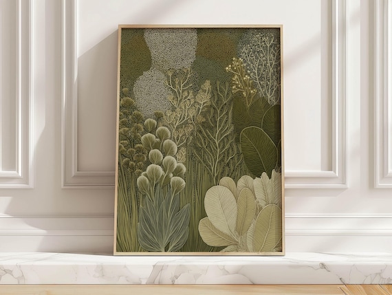 Green Sage Botanical Garden Textured Leaves Illustration Art Print