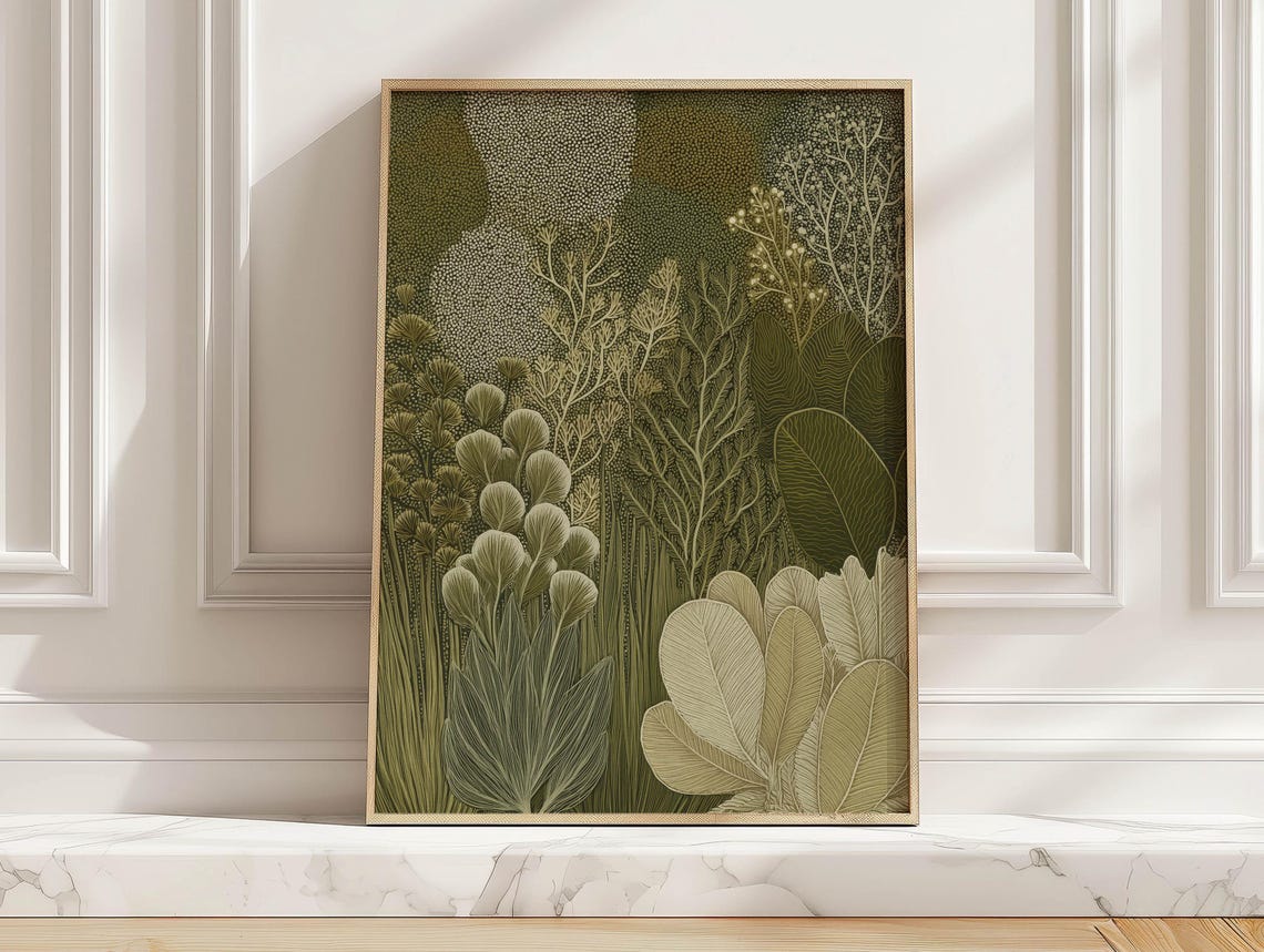 Green Sage Botanical Garden Textured Leaves Illustration Art Print