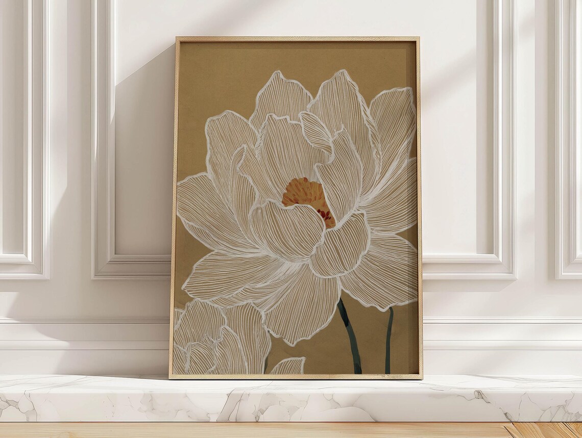 Peony Art Print, Minimalist Japandi Bedroom Decor
