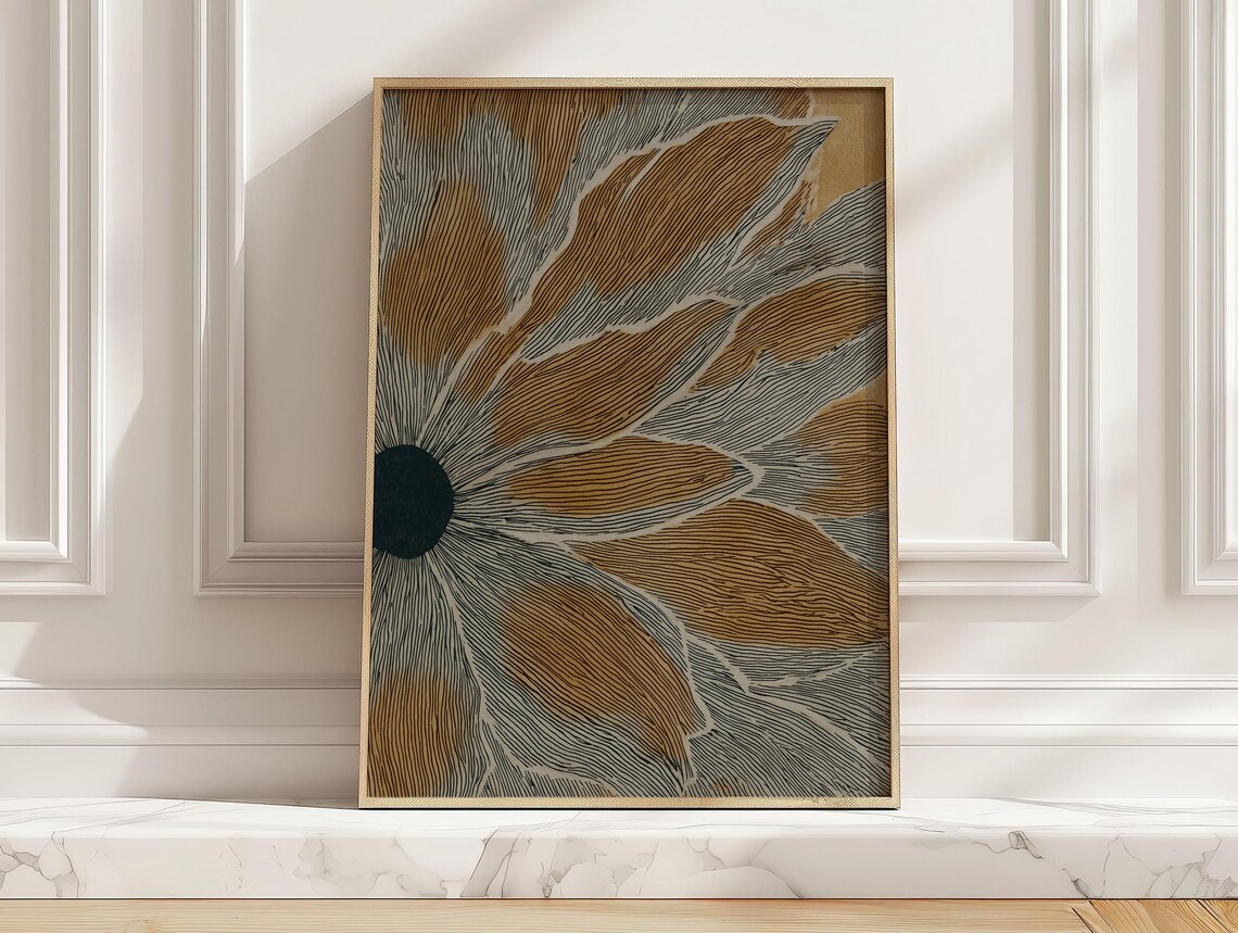 Macro Sunflower Bloom Midcentury Modern Mustard Grey Botanical Wall Art