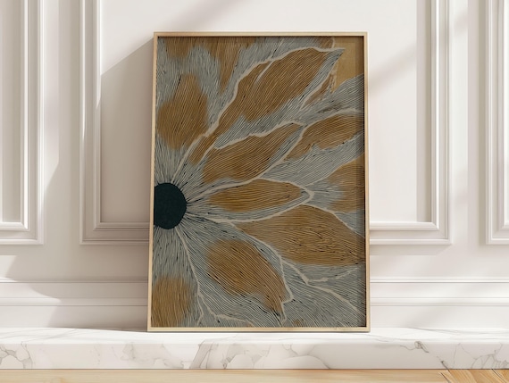 Macro Sunflower Bloom Midcentury Modern Mustard Grey Botanical Wall Art