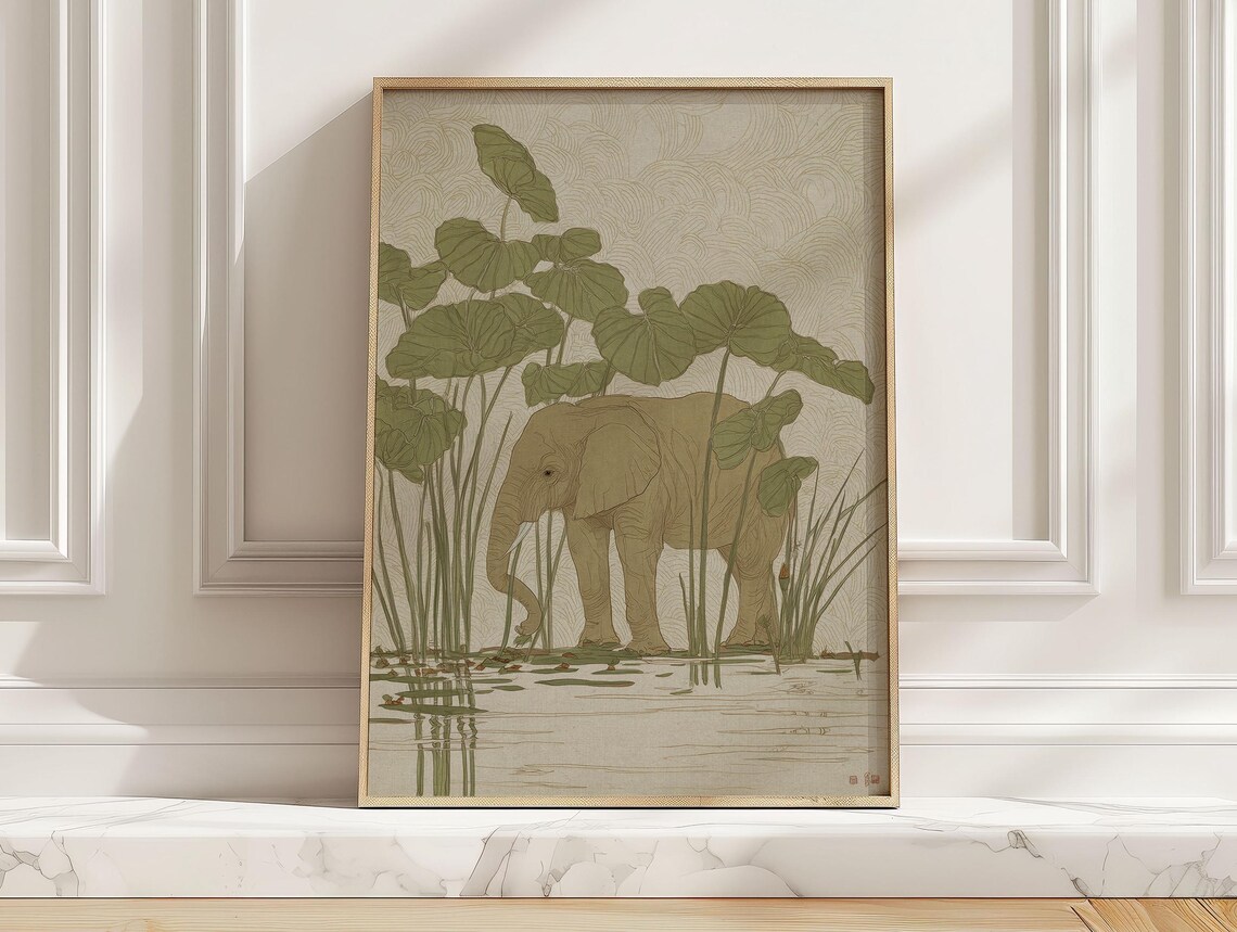 Modern Japanese Style Elephant Lotus Pond Art Print
