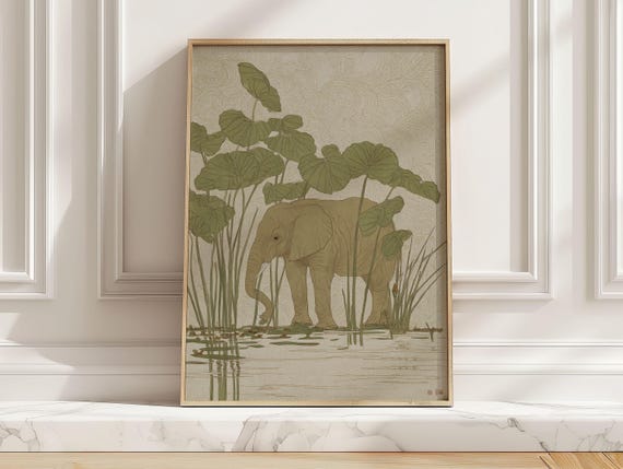 Modern Japanese Style Elephant Lotus Pond Art Print