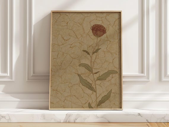 Minimalist Japanese Wildflower Art Print Muted Beige Green Boho Botanical Poster For Entryway Or Hallway