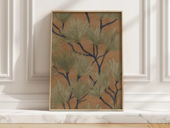 Minimalist Sage Green Pine Needle Poster, Japanese Branch