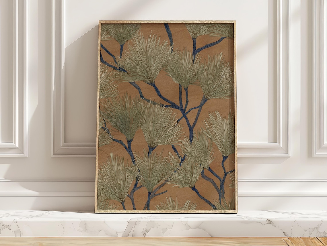 Minimalist Sage Green Pine Needle Poster, Japanese Branch