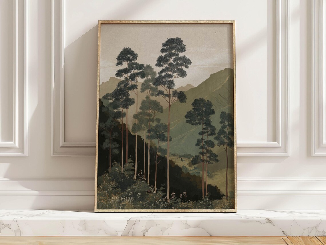 Vintage Tall Pine Trees In Misty Mountains Art Print