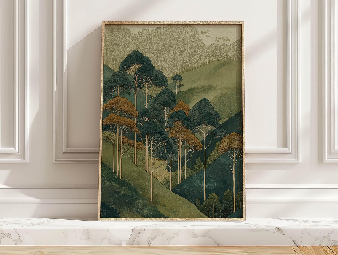 Vintage Japandi Pine Forest Landscape Poster Print