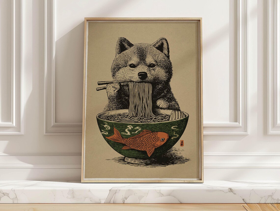 Shiba Inu Dog Eating Ramen Noodle Bowl Japanese Woodblock Art Poster