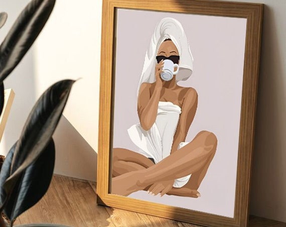 Bathroom Art Woman In Robe Drinking Coffee Woman Art Bathroom Print Modern Bathroom Prints Bathroom Wall Decor