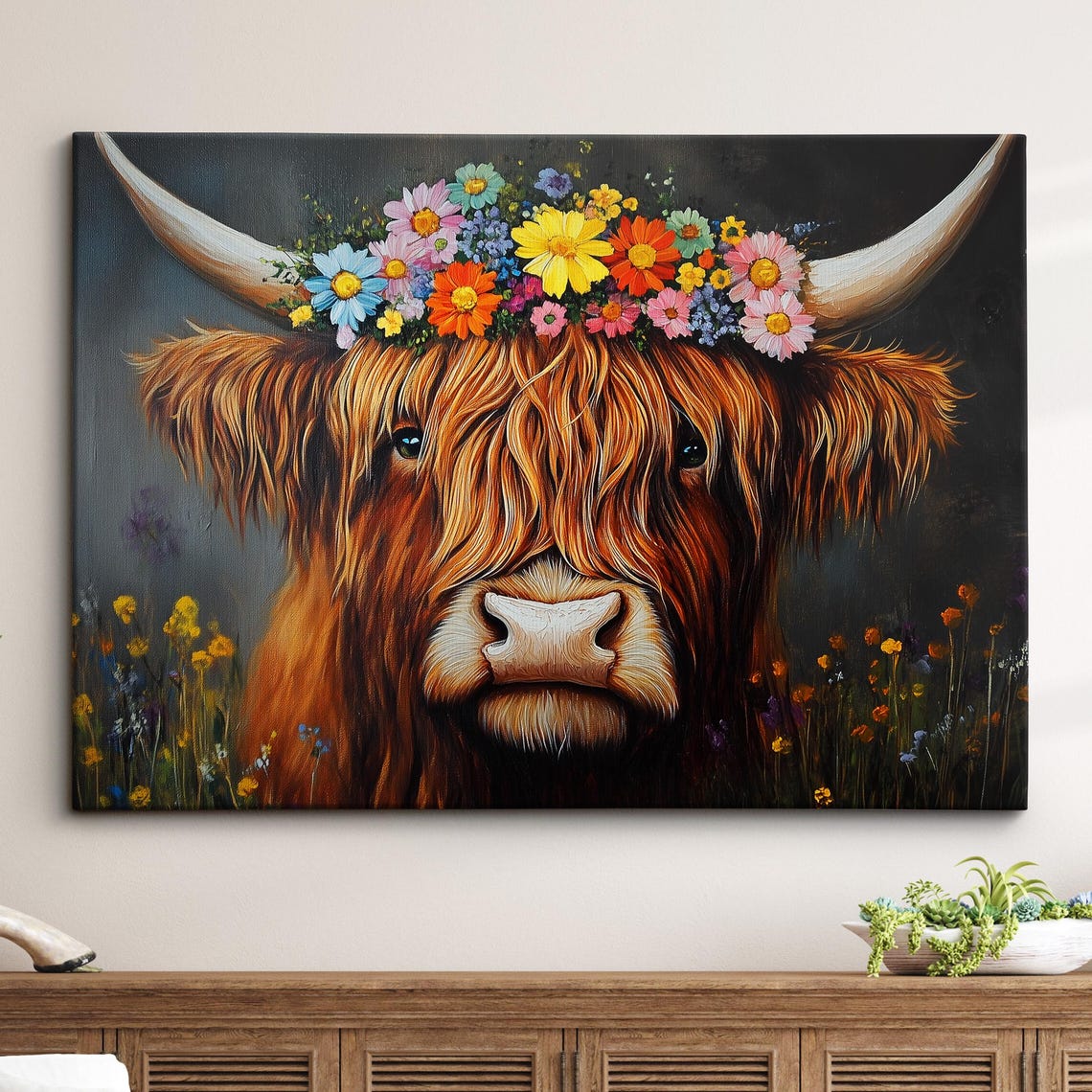 Highland Scottish Cow Floral Headband Oil Painting Abstract Modern Wall Art Canvas Poster Print Living Room Home Decor Scotland Gifts