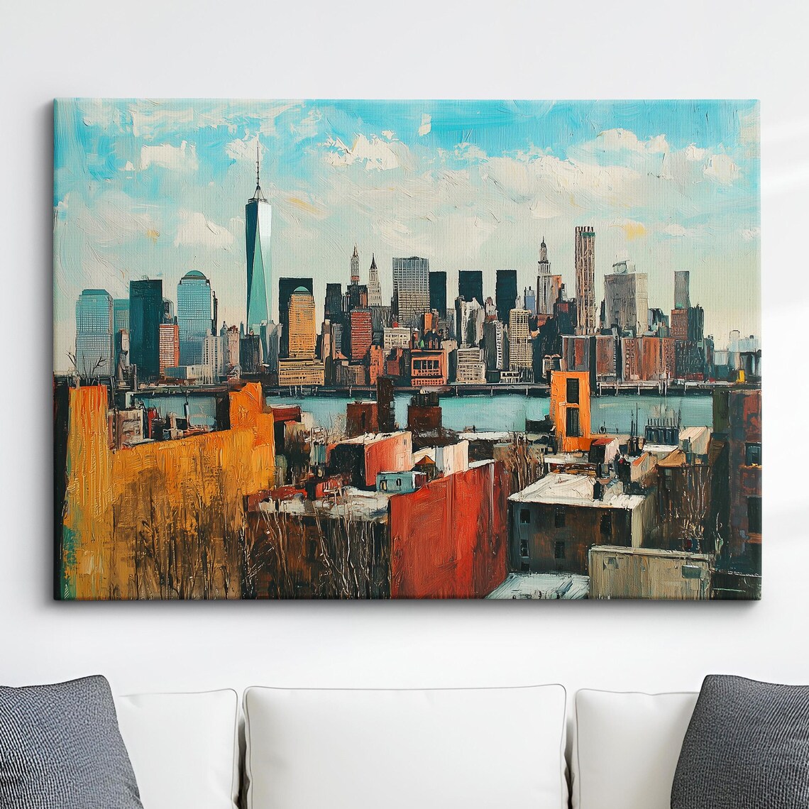 Manhattan Skyline From Brooklyn Rooftops Oil Painting Poster Daytime