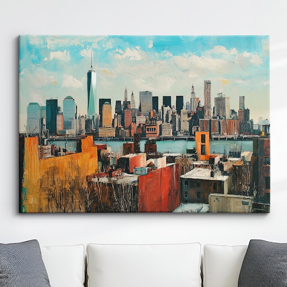 Manhattan Skyline From Brooklyn Rooftops Oil Painting Poster Daytime