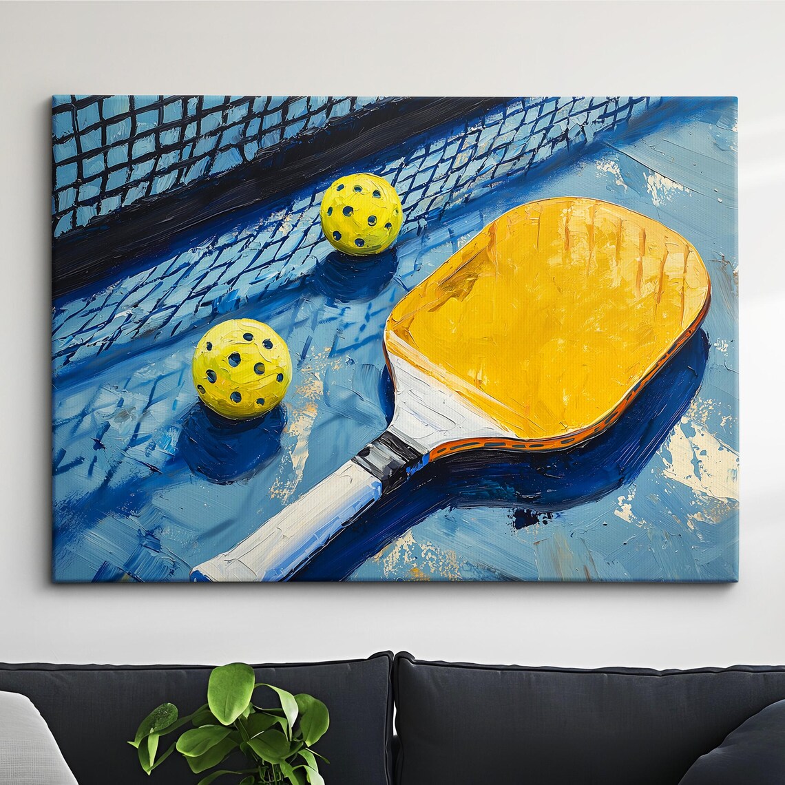 Yellow Pickleball Paddle Two Balls Blue Court Abstract Sports Poster