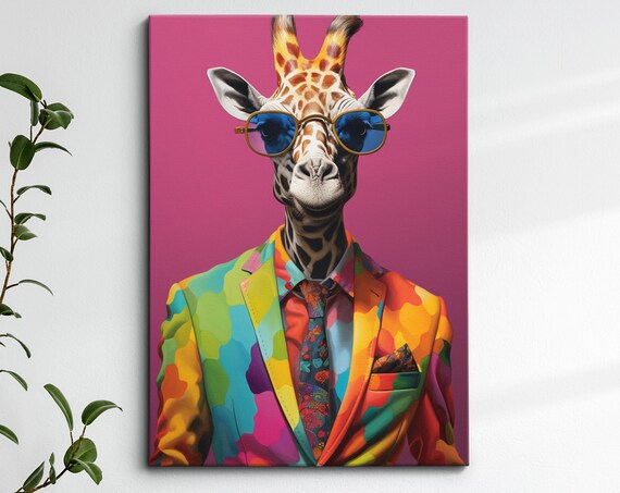Colorful Giraffe In A Suit Abstract Oil Painting Splatter Style Wall Art Framed Canvas Poster Print Home Kitchen Office Room Decor Gifts