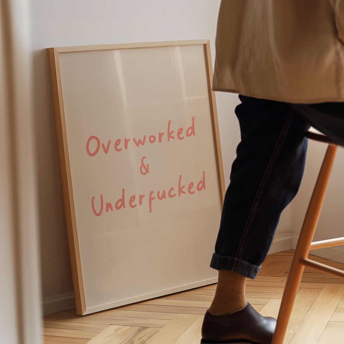 Overworked And Underfucked Funny Work Quote Pink Handwritten Typography Poster - Image 2