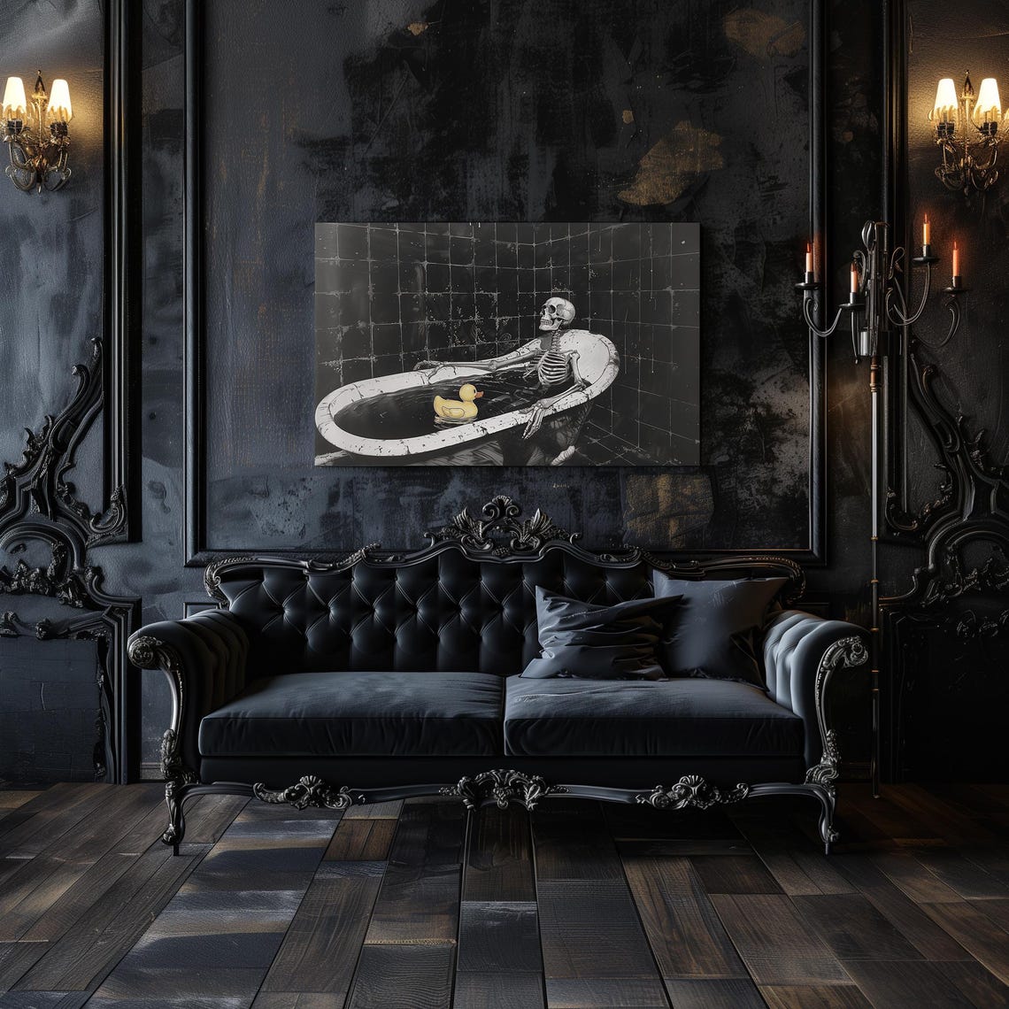 Chilling Skeleton Bathing Rubber Duck Dark Humor Gothic Poster