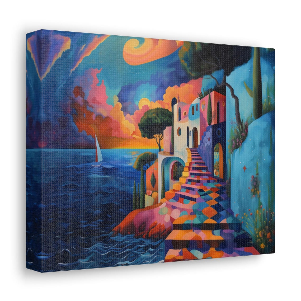 Geometric Mediterranean Coastline Stairs Sunset Landscape Print - Image 2