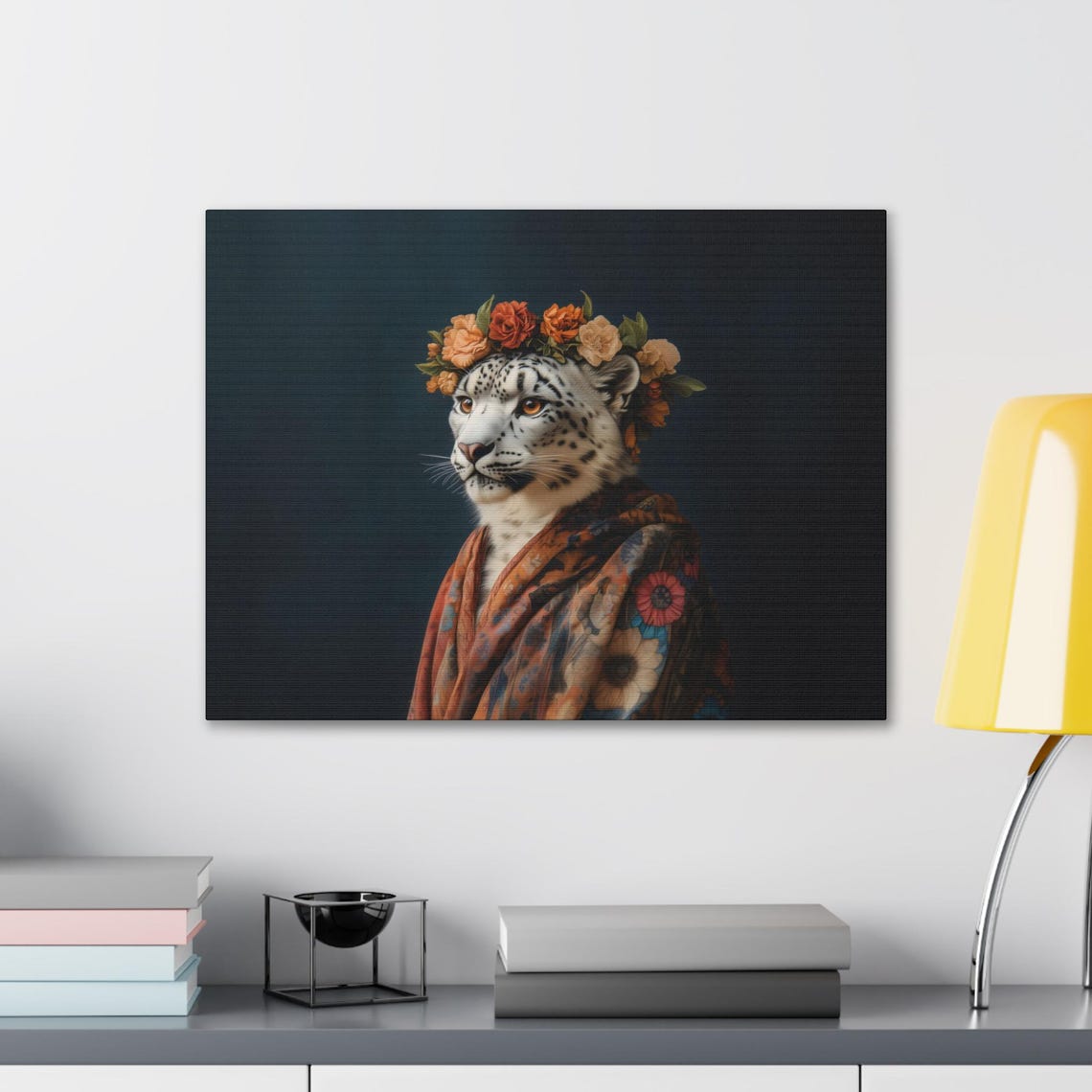 Snow Leopard Orange Rose Crown Floral Kimono Regal Animal Poster - Image 2