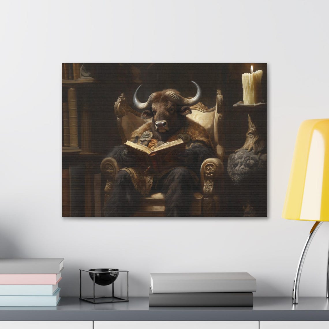 Gentleman Buffalo Reading By Candlelight In A Grand Library Poster - Image 2