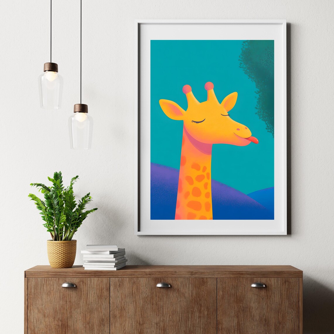Playful Giraffe Sticking Out Tongue On Teal Background Art Poster - Image 2