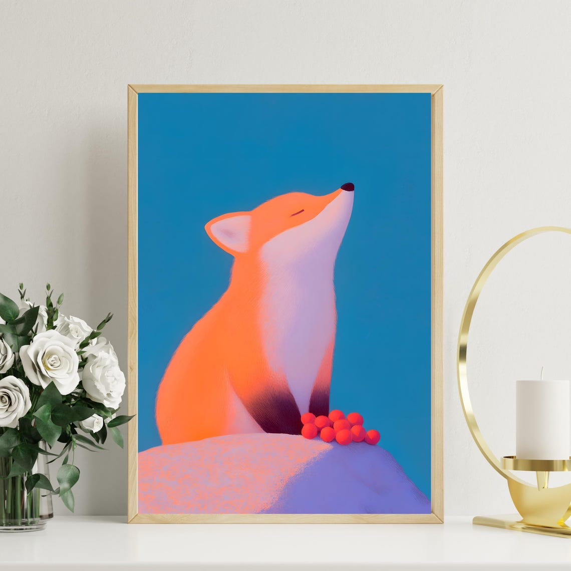 Tranquil Orange Fox Looking Up With Red Berries Blue Sky Poster