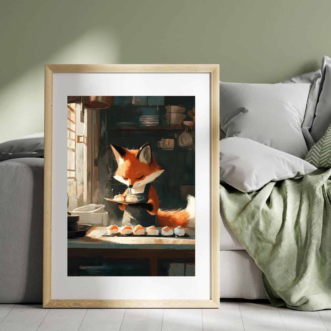 Fox Baker Serving Salmon Bites in Dark Rustic Kitchen Poster - Image 3