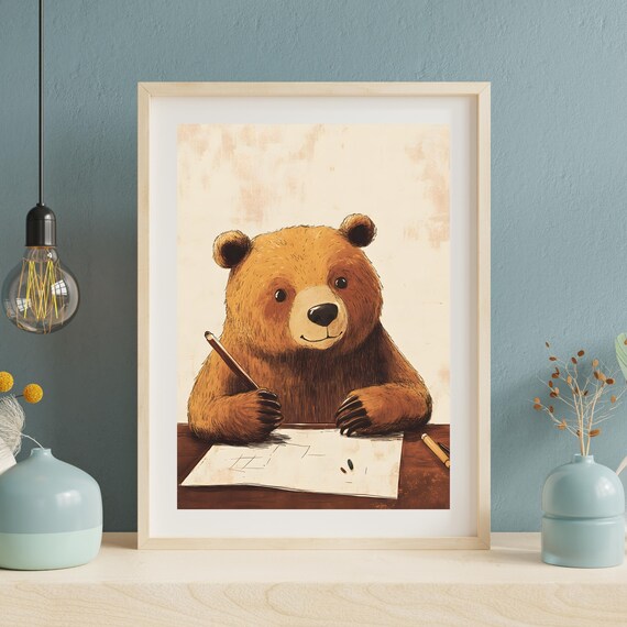 Creative Brown Bear Sketching at a Desk Holding a Pencil Poster