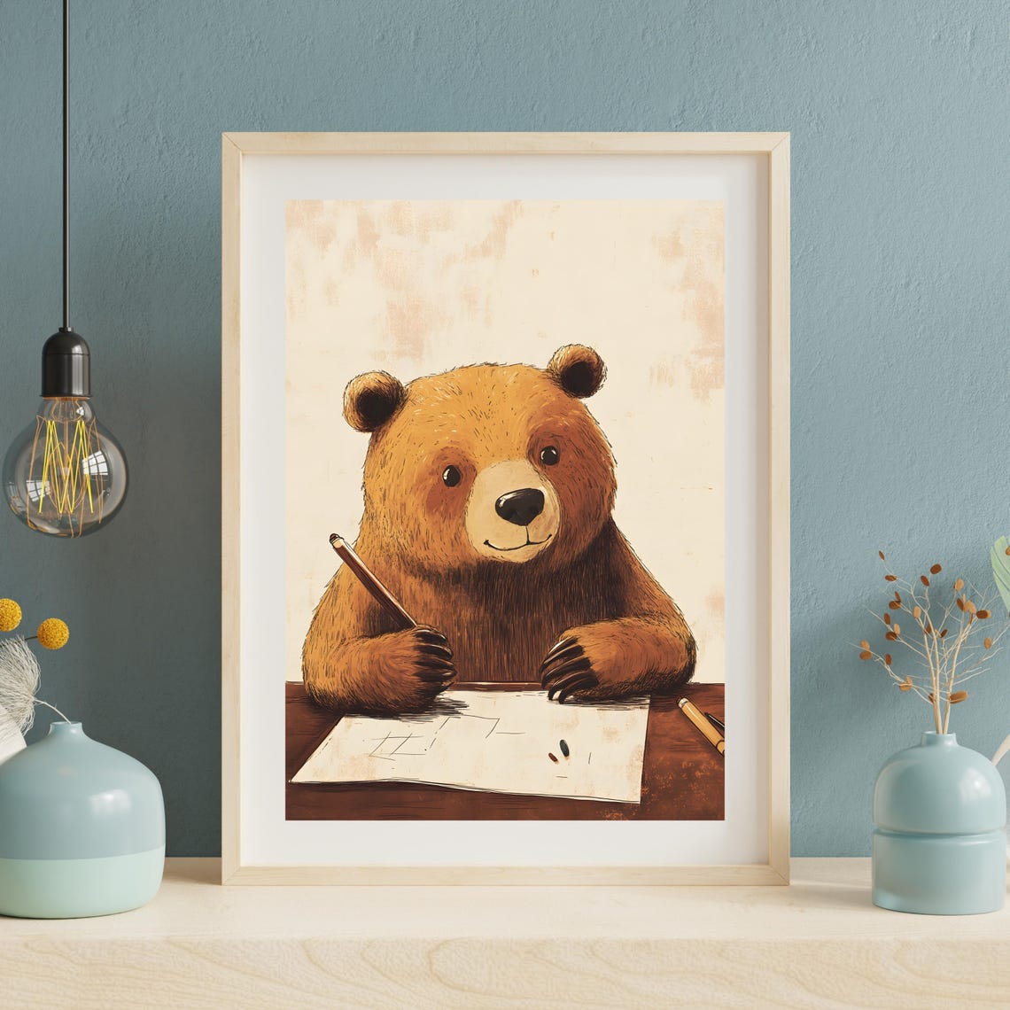 Creative Brown Bear Sketching at a Desk Holding a Pencil Poster