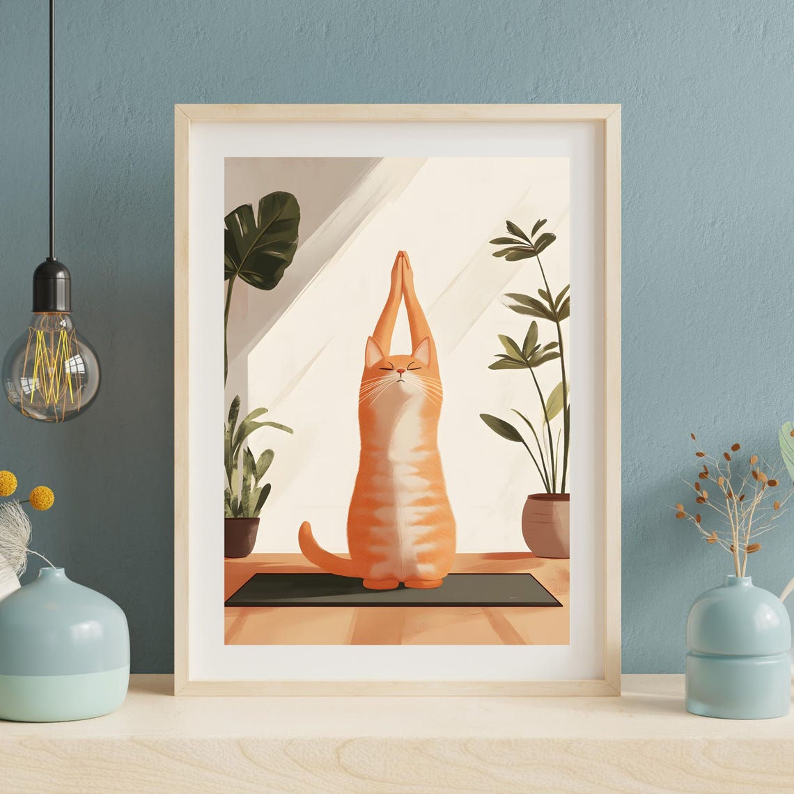 Orange Cat Stretching in Yoga Pose on Mat in Sunlit Room Poster - Image 3