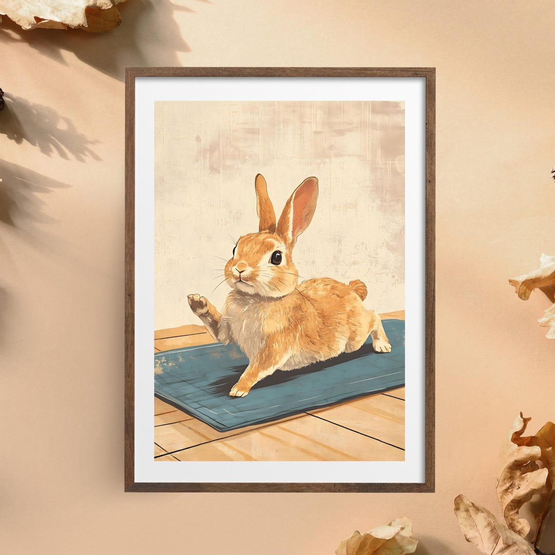 Cute Orange Bunny Doing Yoga Stretch On A Blue Mat Funny Poster - Image 6