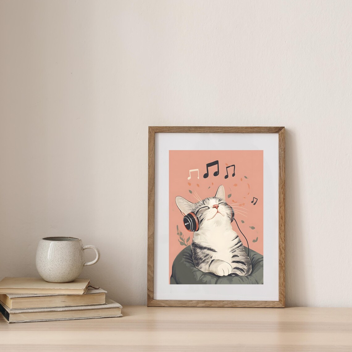 Relaxed Tabby Cat Wearing Headphones with Floating Music Notes Poster - Image 4