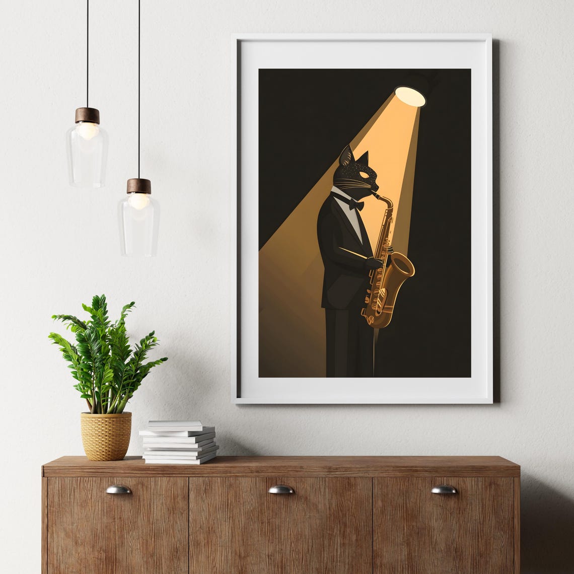 Black Cat in Tuxedo Playing Saxophone Under Spotlight Poster - Image 5