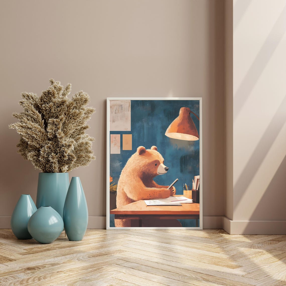 Cute Brown Bear Writing In A Notebook At A Desk Under A Lamp Poster - Image 8