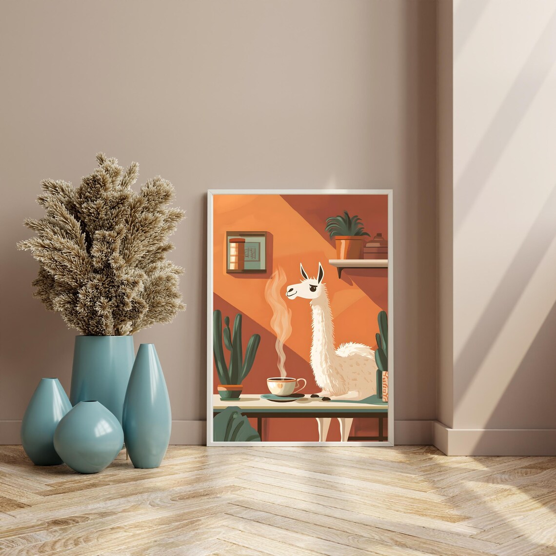 Llama Sipping Coffee Cozy Cafe Morning Whimsical Animal Art Poster - Image 8