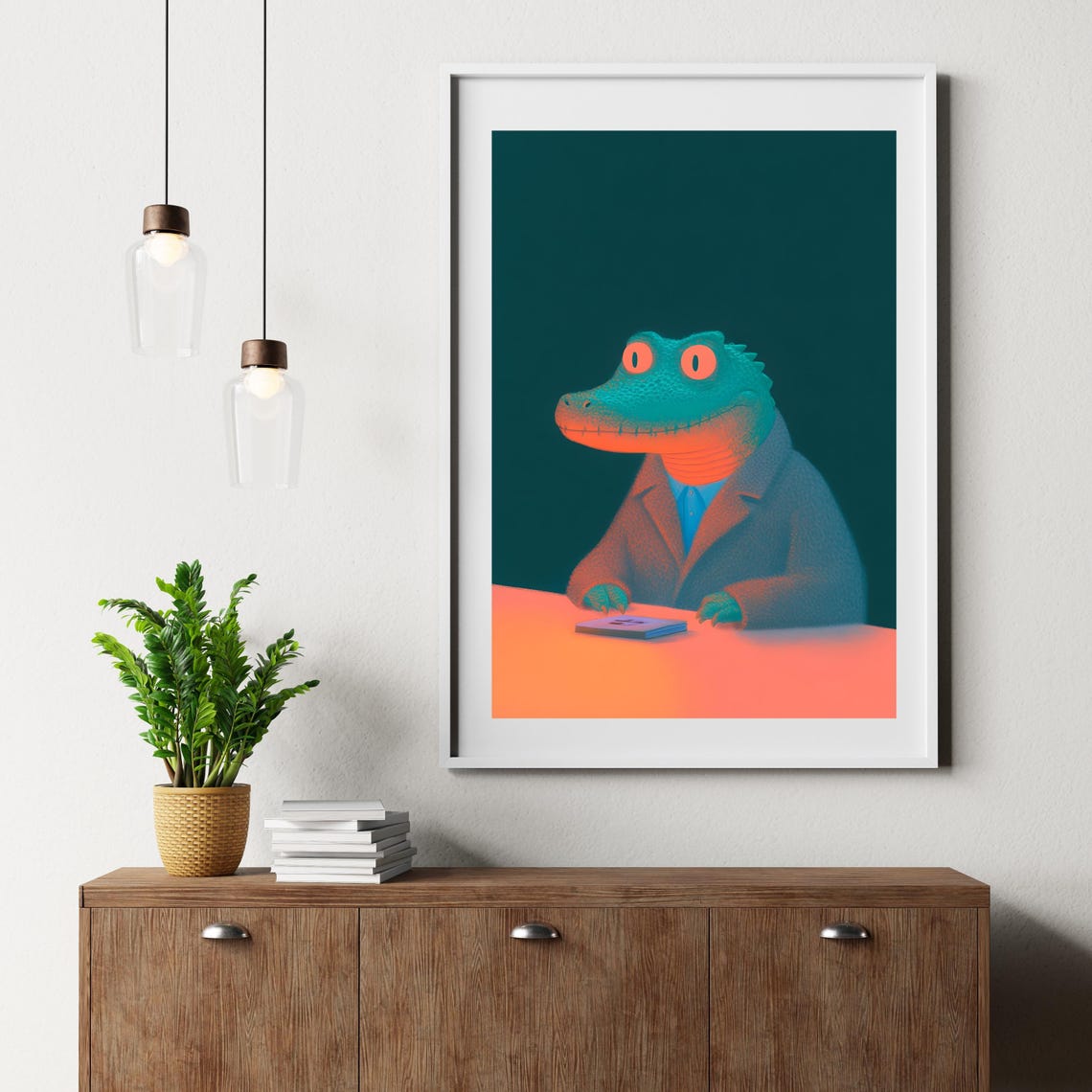 Neon Crocodile In Suit Sitting At Desk Surreal Reptile Art Poster - Image 2
