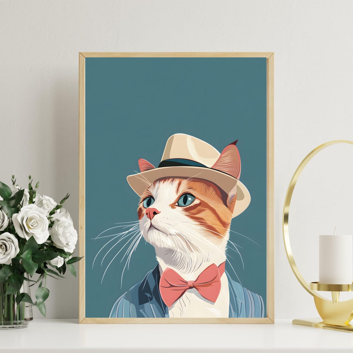 Dapper Ginger Cat in Fedora Hat and Pink Bow Tie Illustration Poster - Image 3