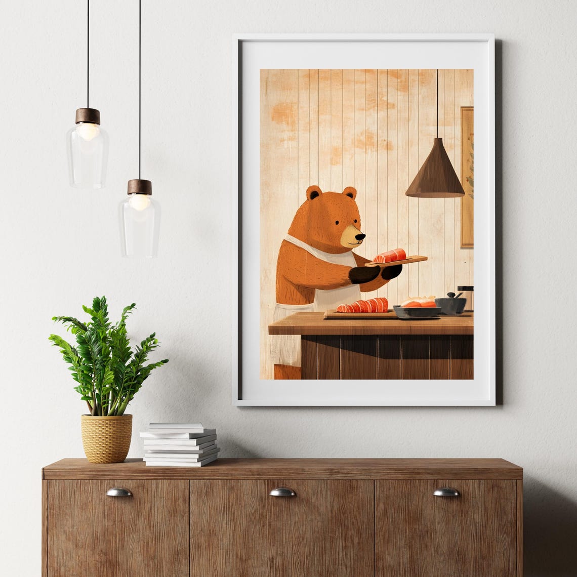 Friendly Bear Chef Slicing Fresh Salmon in Wooden Kitchen Poster - Image 2