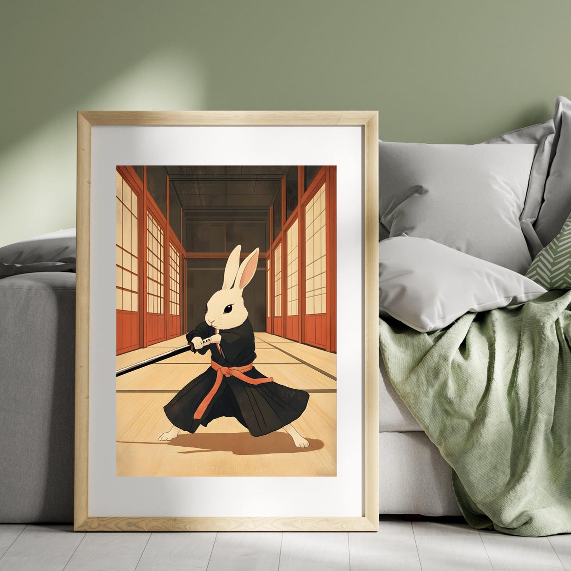 White Rabbit Samurai Wielding Katana in Japanese Dojo Hall Poster - Image 6