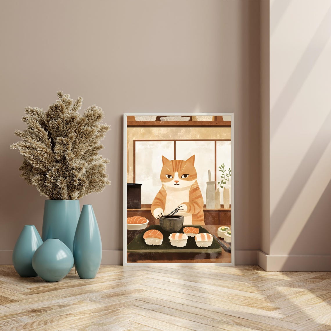 Orange Tabby Cat Chef Eating Sushi In A Cozy Japanese Kitchen Poster - Image 4