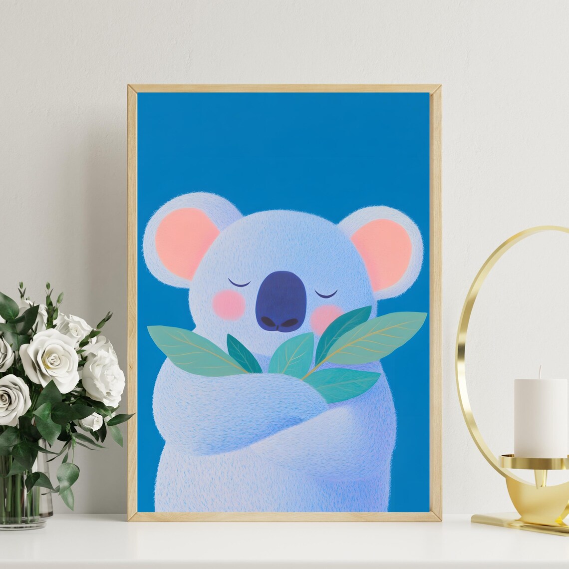 Sleepy Blue Koala Hugging Eucalyptus Leaves Nursery Animal Poster
