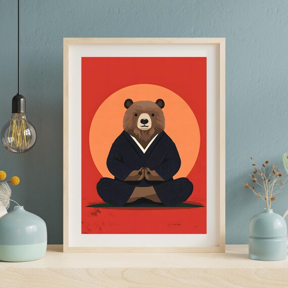 Zen Bear Meditating In A Kimono Before A Glowing Rising Sun Poster