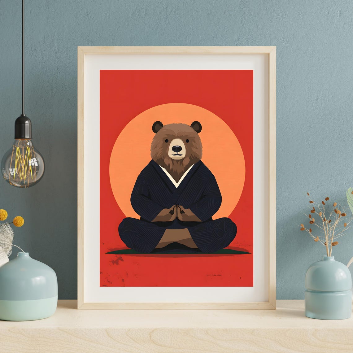 Zen Bear Meditating In A Kimono Before A Glowing Rising Sun Poster