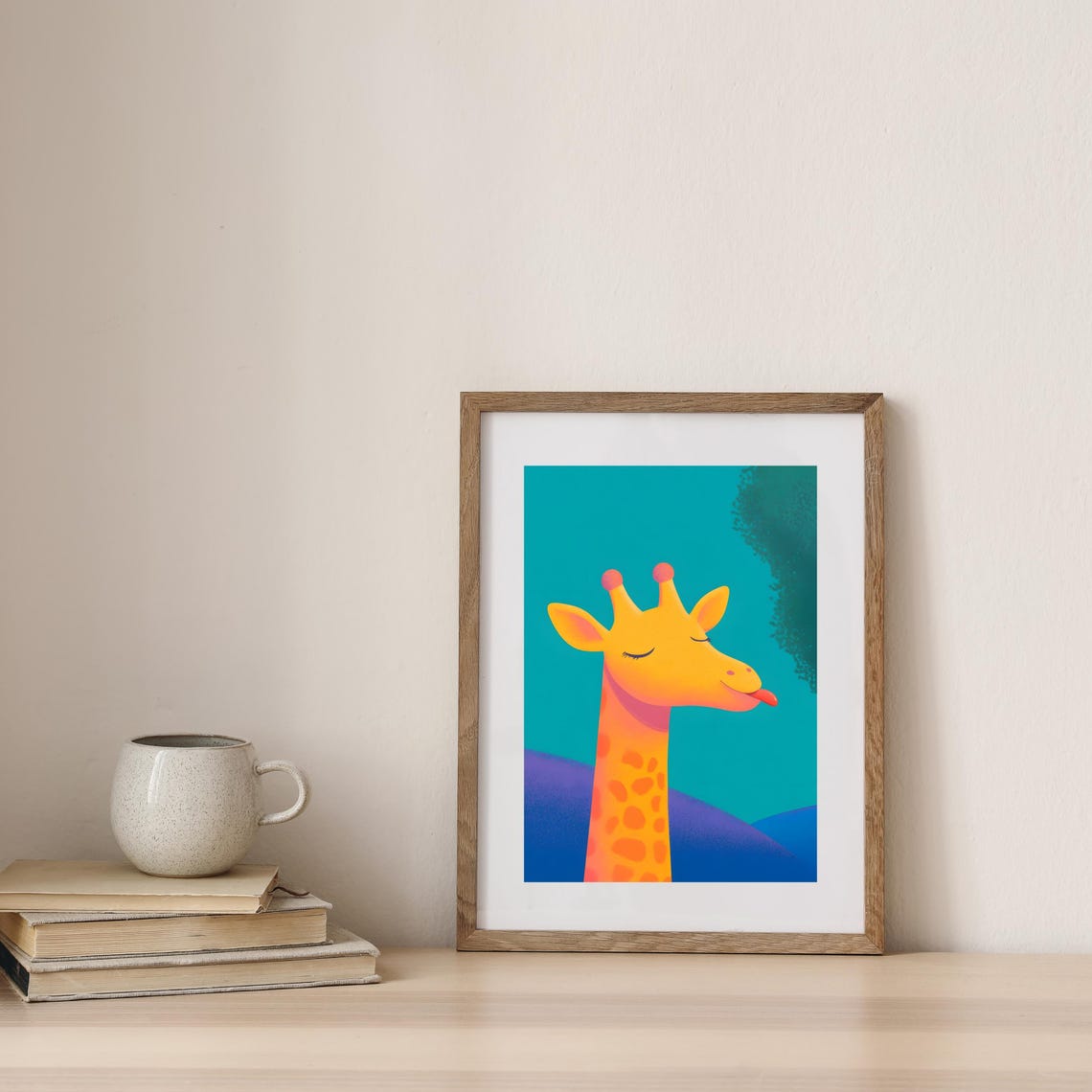 Playful Giraffe Sticking Out Tongue On Teal Background Art Poster - Image 3