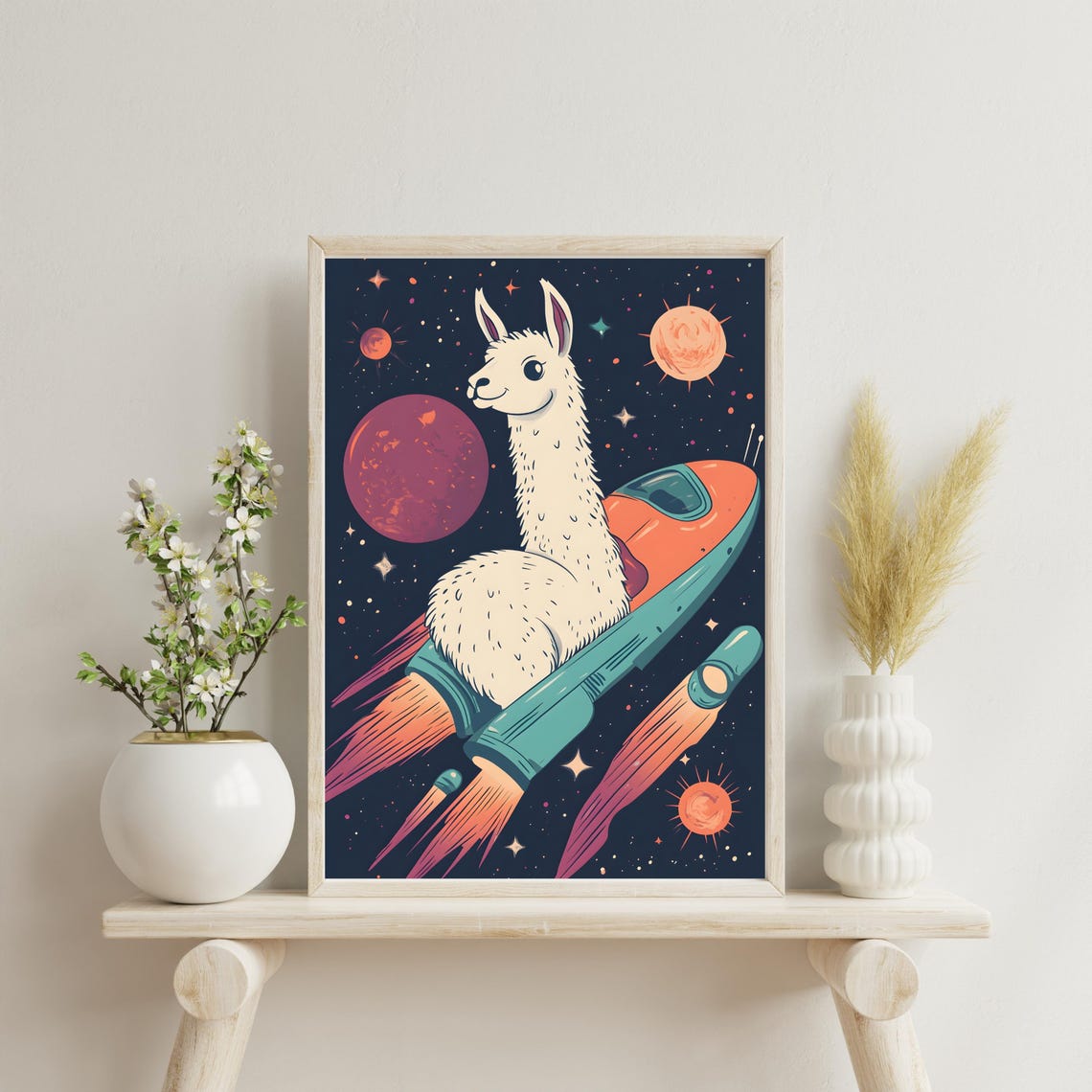 Cute Llama Riding a Retro Rocket Ship Through Starry Space Poster - Image 5