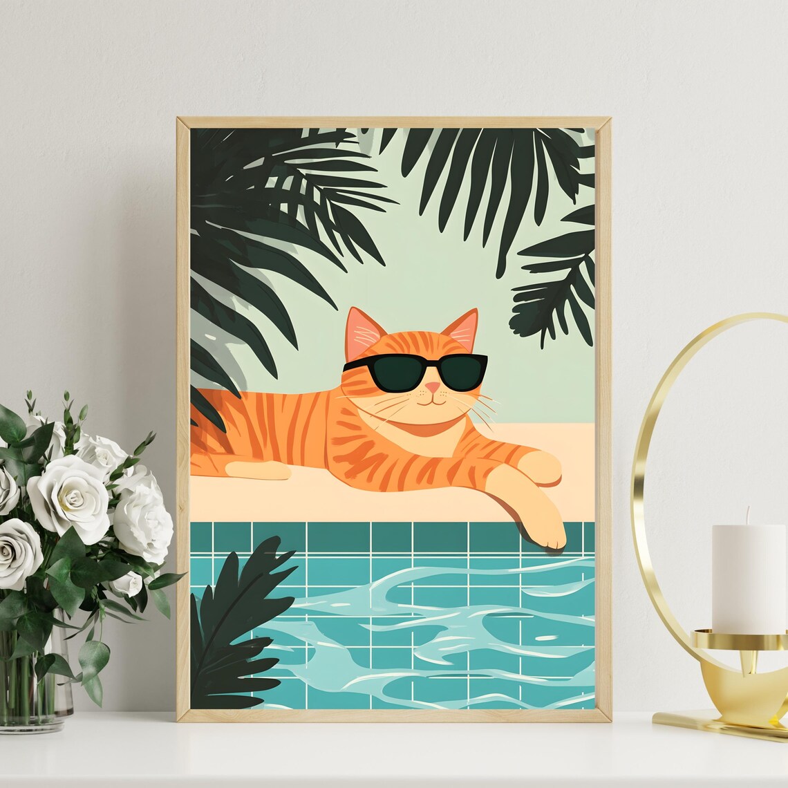 Orange Cat With Sunglasses Lounging by a Tropical Tiled Pool Poster - Image 2
