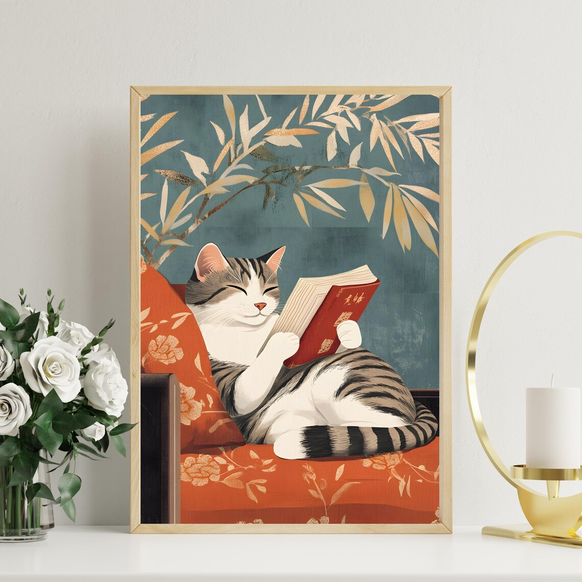Cat Reading Book Japanese Style Cozy Tabby Animal Nursery Art Poster - Image 2