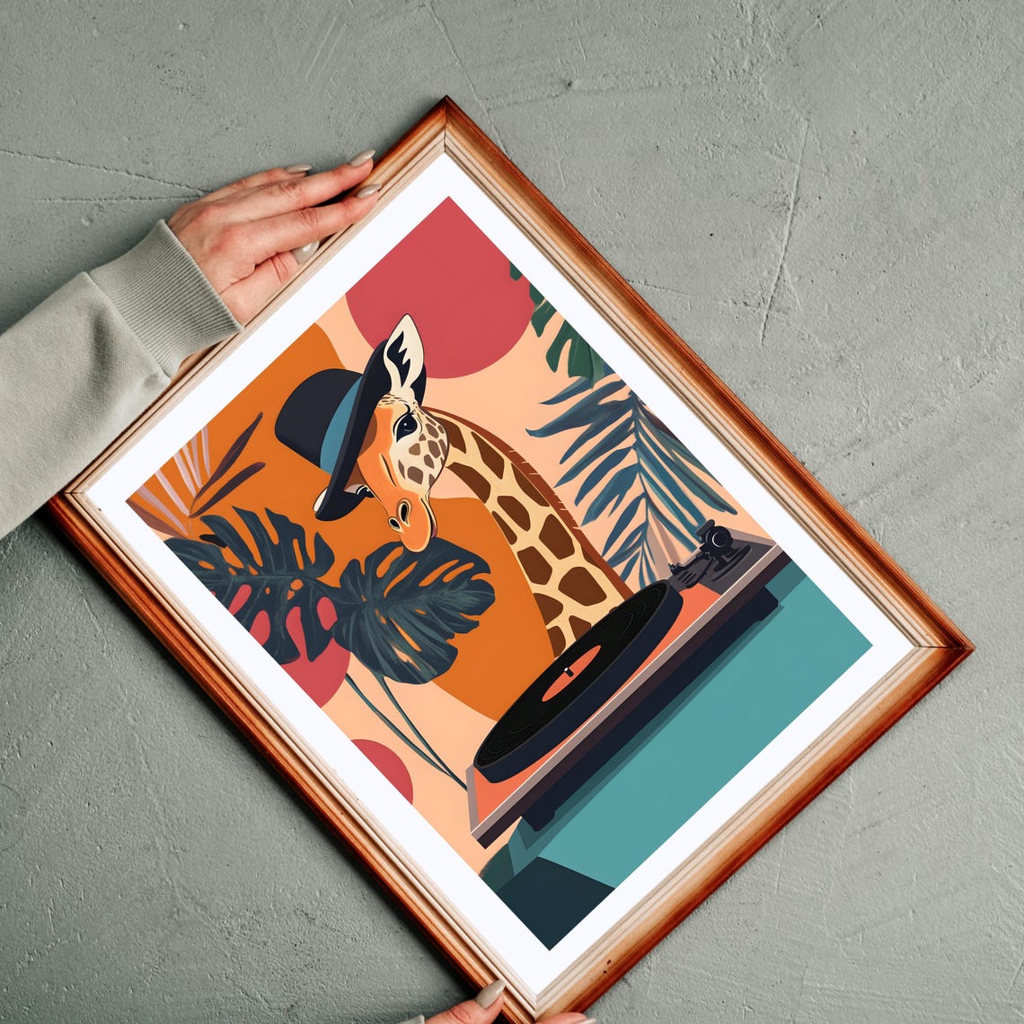 Stylish Giraffe in Hat Playing a Vinyl Record Player Retro Poster - Image 3